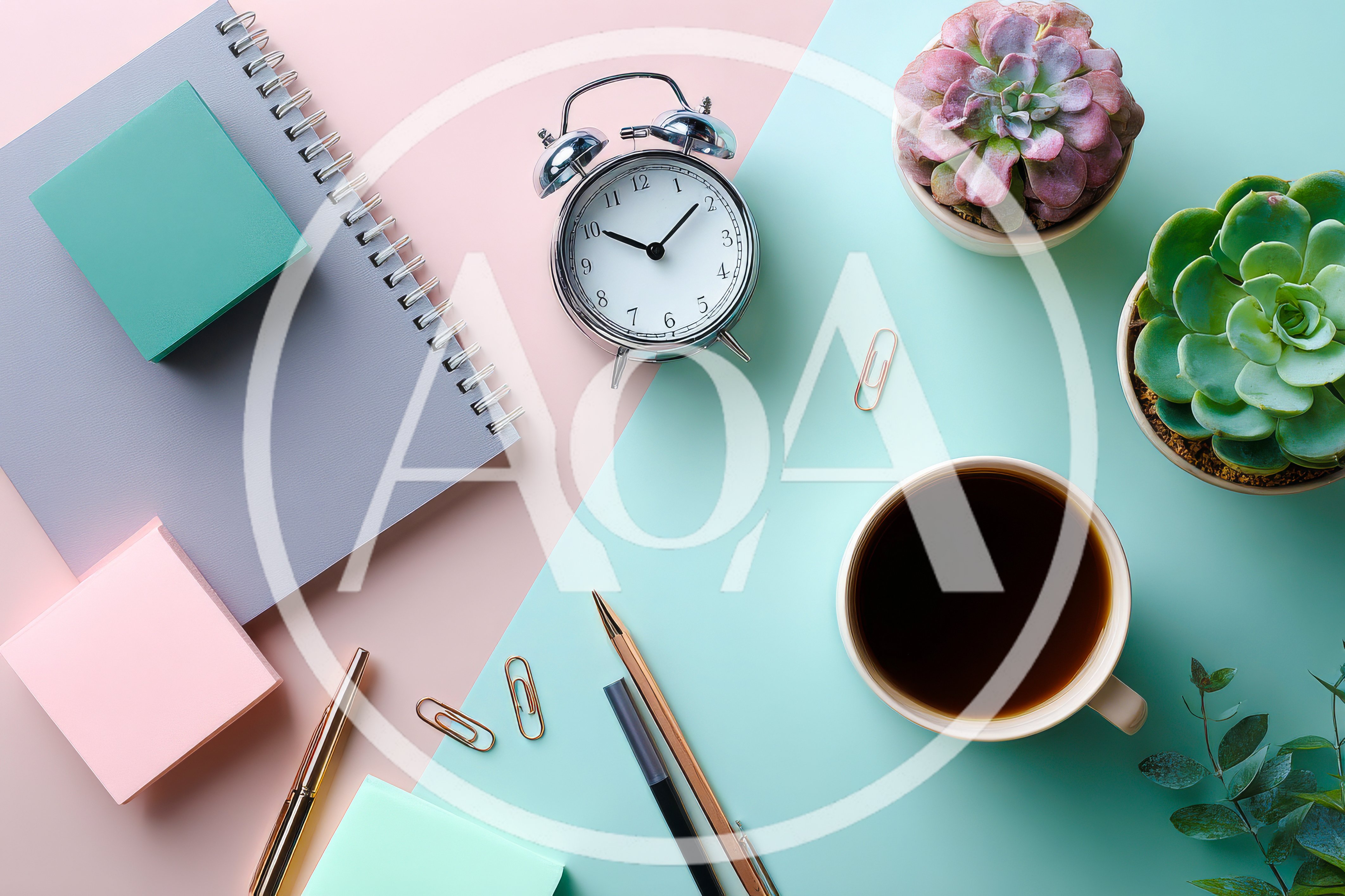Flat Lay Office Desk With Stationery And Coffee