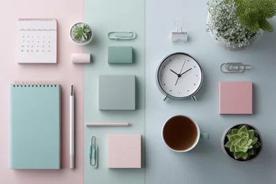 Flat Lay Office Stationery and Desk Accessories