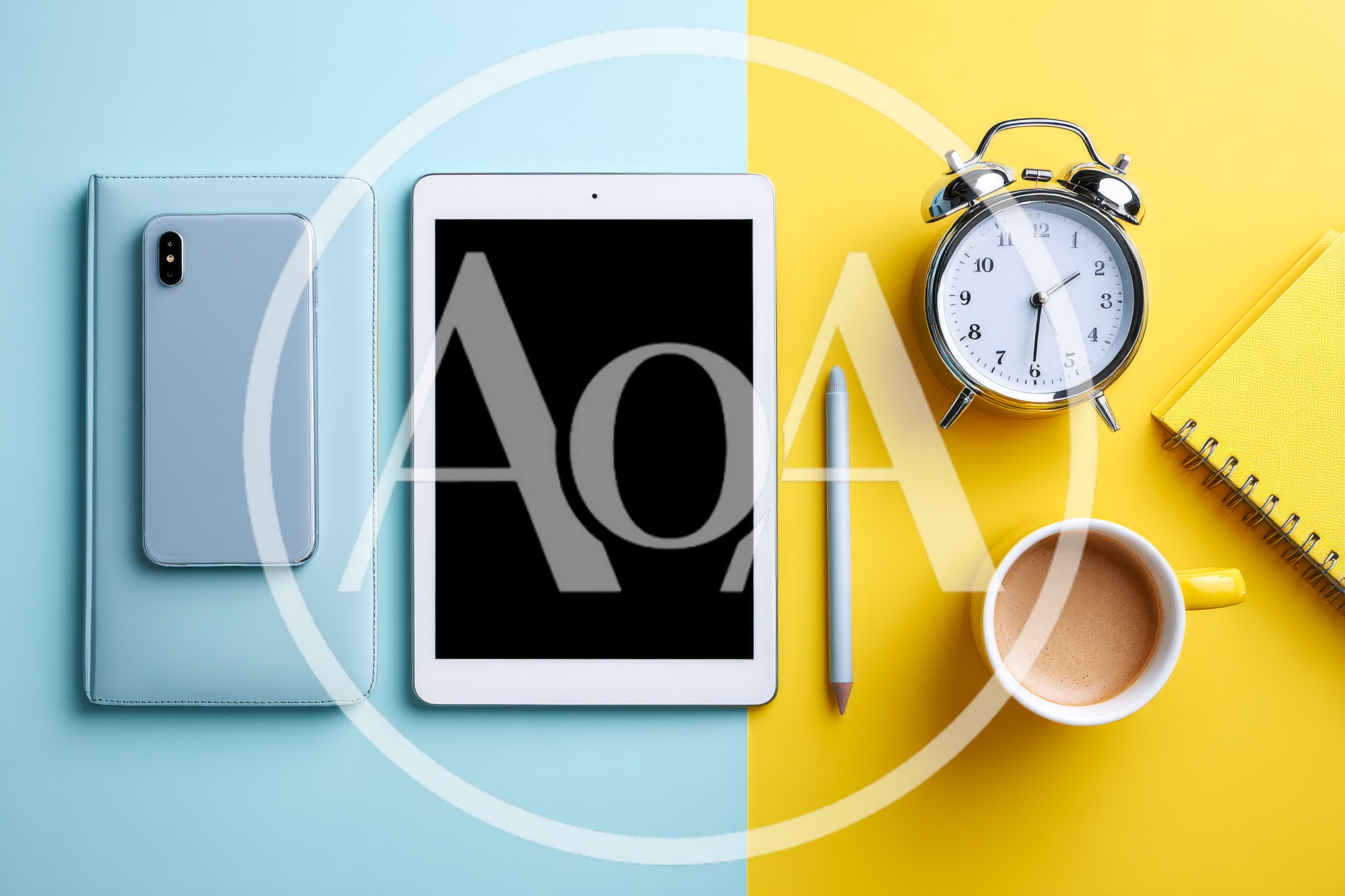 Flat Lay Office Supplies on Split Color Background