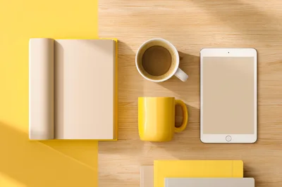 Flat Lay Workspace With Notebooks Tablet And Coffee