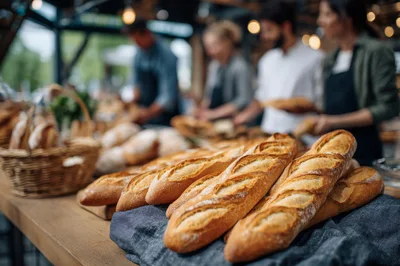 Freshly Baked Baguettes Displayed In A Rustic Bakery