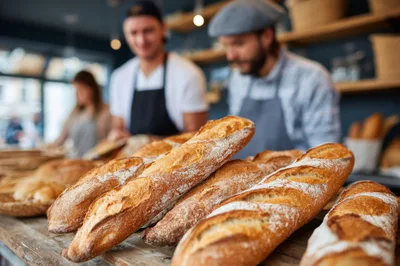 Artisan Bakers Preparing Fresh Baguettes In A Bakery