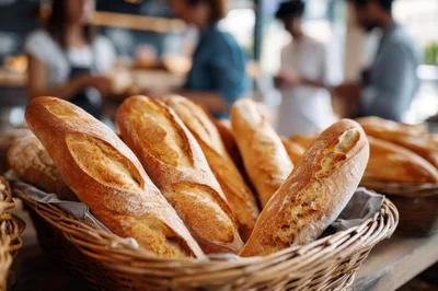Freshly Baked Baguettes In A Wicker Basket