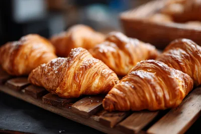 Freshly Baked Golden Croissants On A Wooden Tray