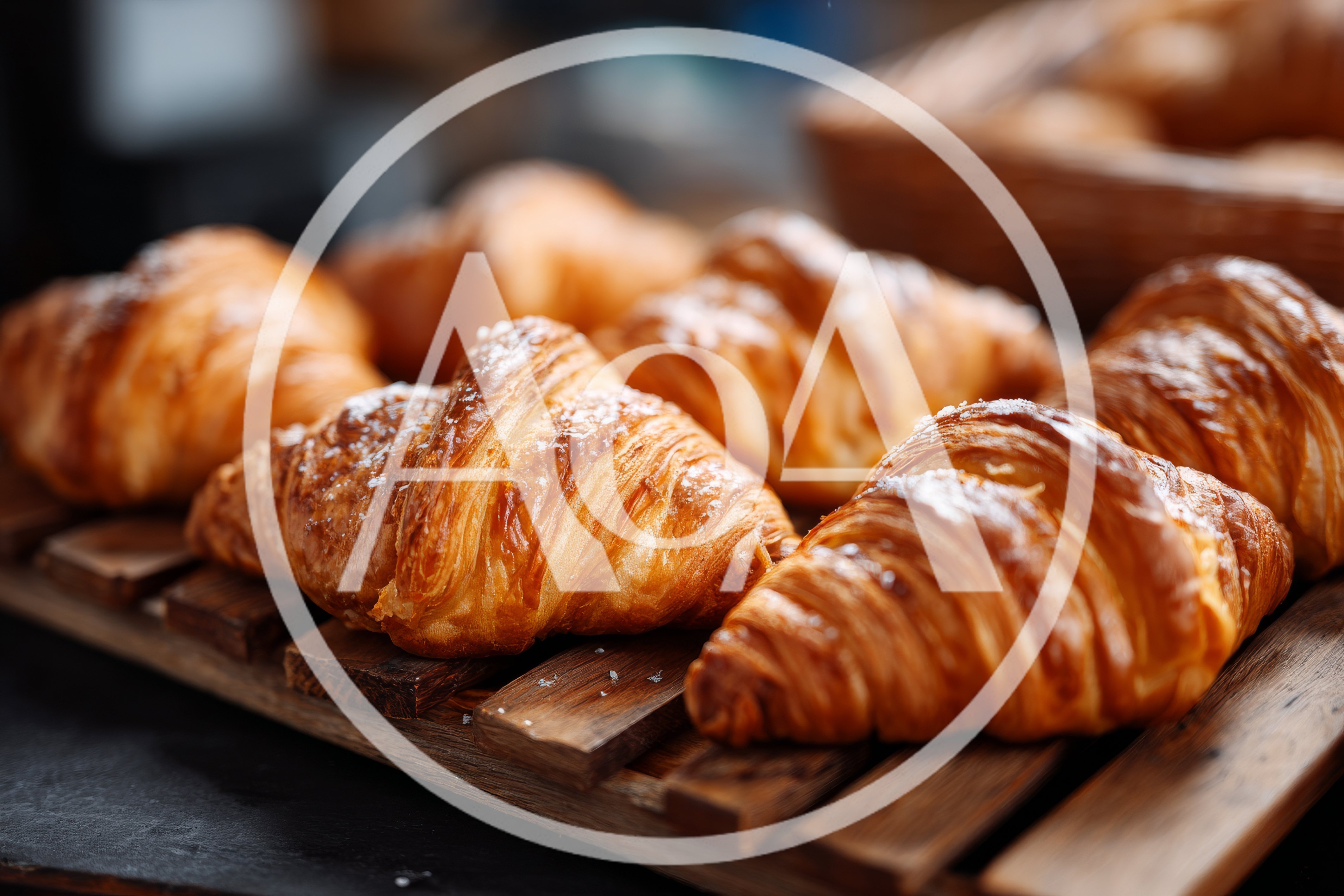 Freshly Baked Golden Croissants On A Wooden Tray