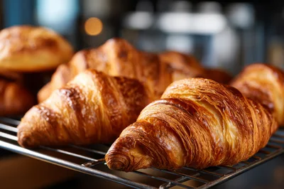 Freshly Baked Golden Croissants On A Cooling Rack
