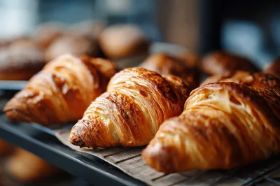 Freshly Baked Golden Croissants On A Bakery Rack