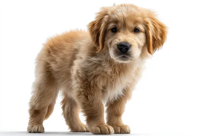 Adorable Golden Retriever Puppy Standing On White Background