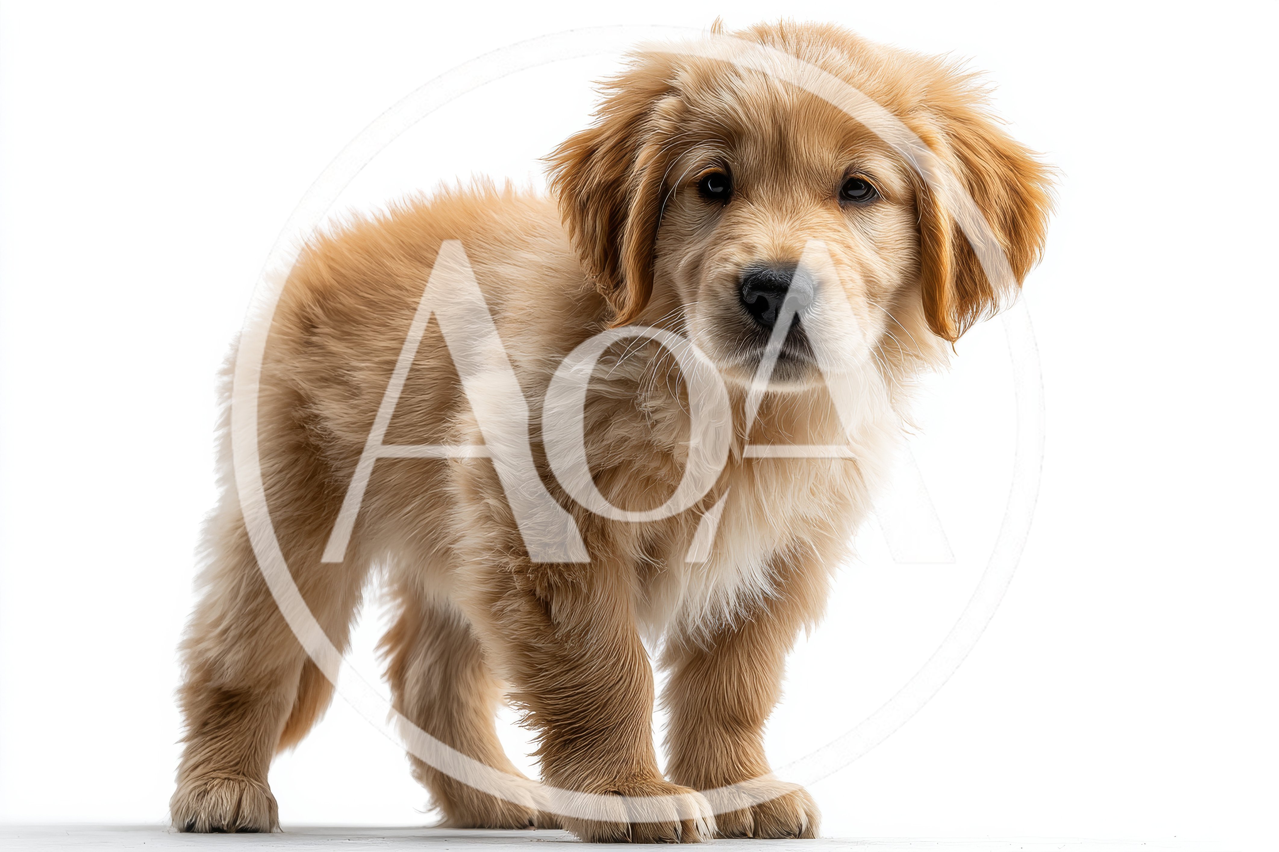 Adorable Golden Retriever Puppy Standing On White Background