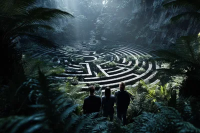 Three People Observing A Mysterious Ancient Stone Labyrinth