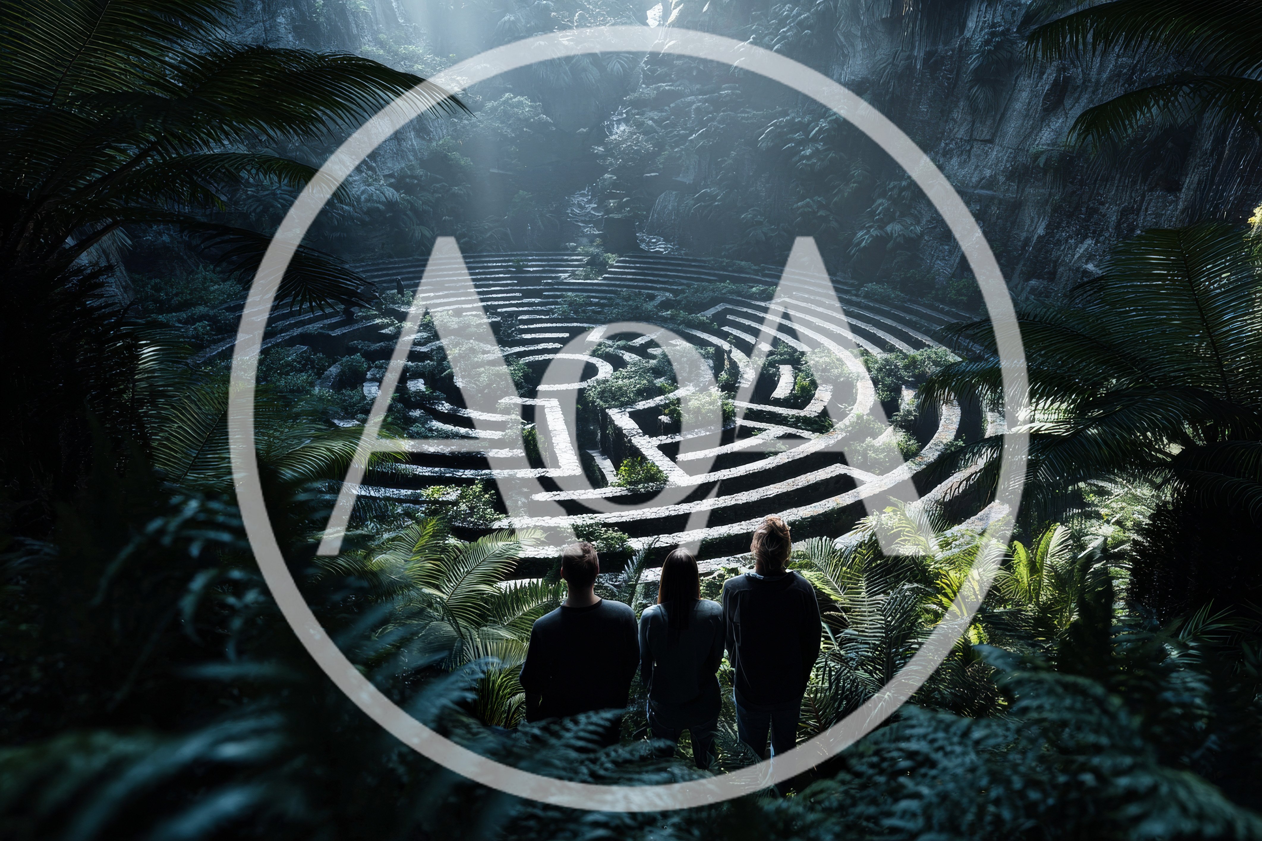 Three People Observing A Mysterious Ancient Stone Labyrinth