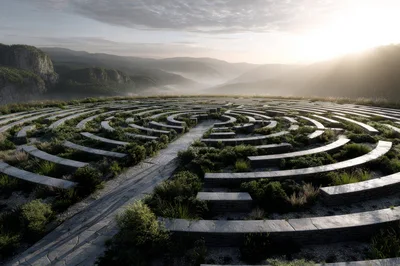 Stone Labyrinth Garden Overlooking Misty Mountain Valley