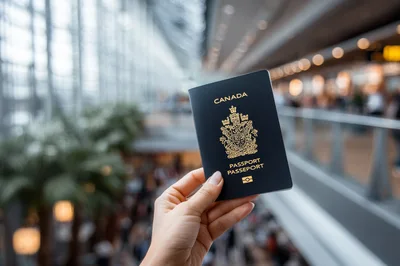 Hand Holding A Canadian Passport In An Airport Terminal