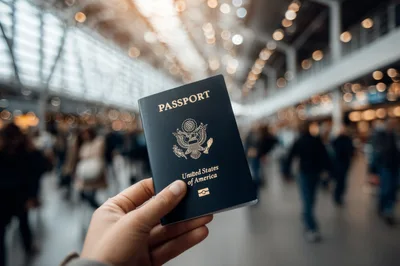 Person Holding United States Passport In Busy Airport Terminal