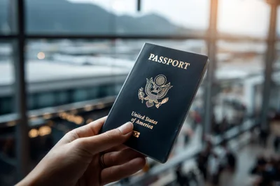 Hand Holding A United States Passport At An Airport
