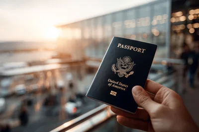 Hand Holding United States Passport At Airport Terminal