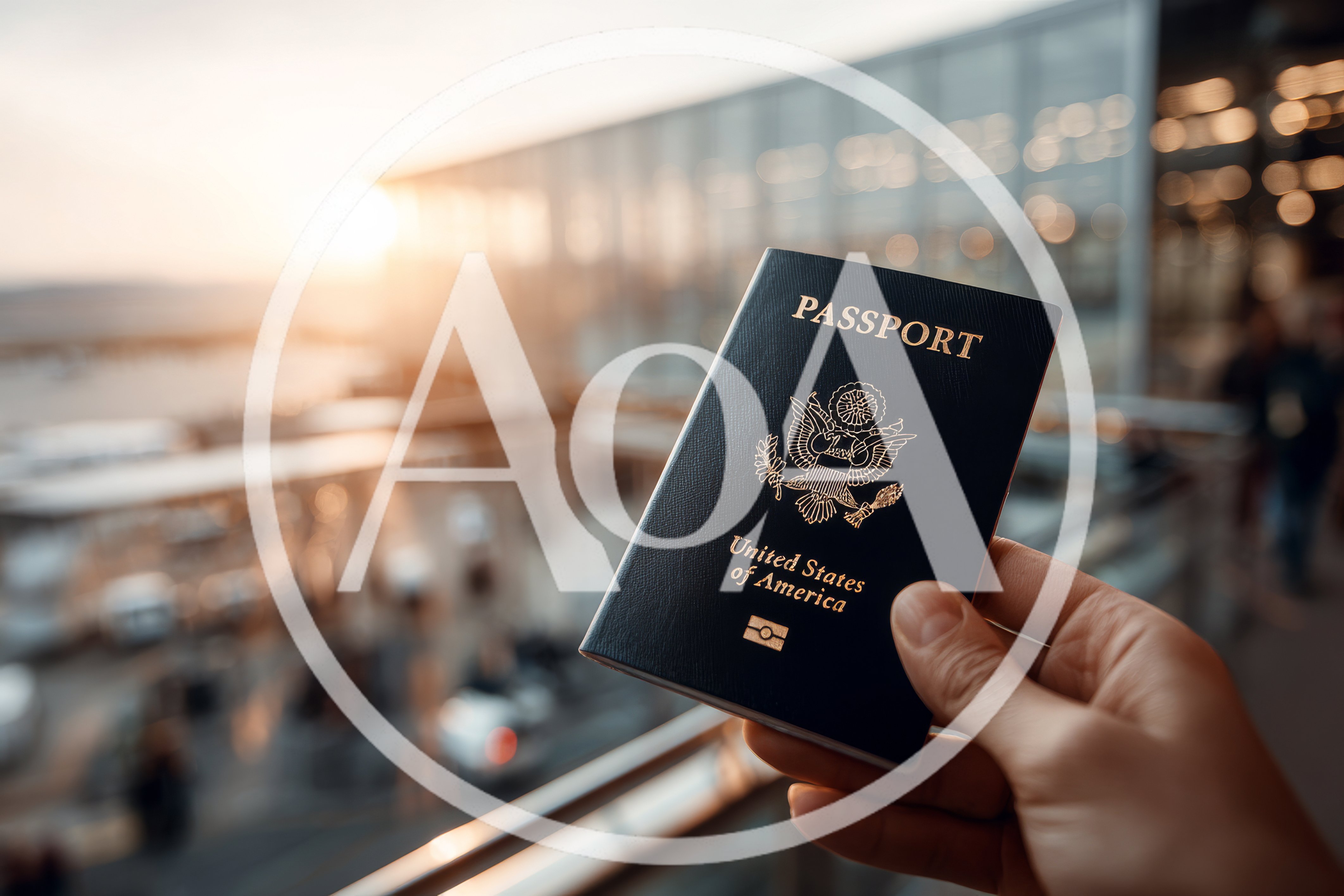 Hand Holding United States Passport At Airport Terminal
