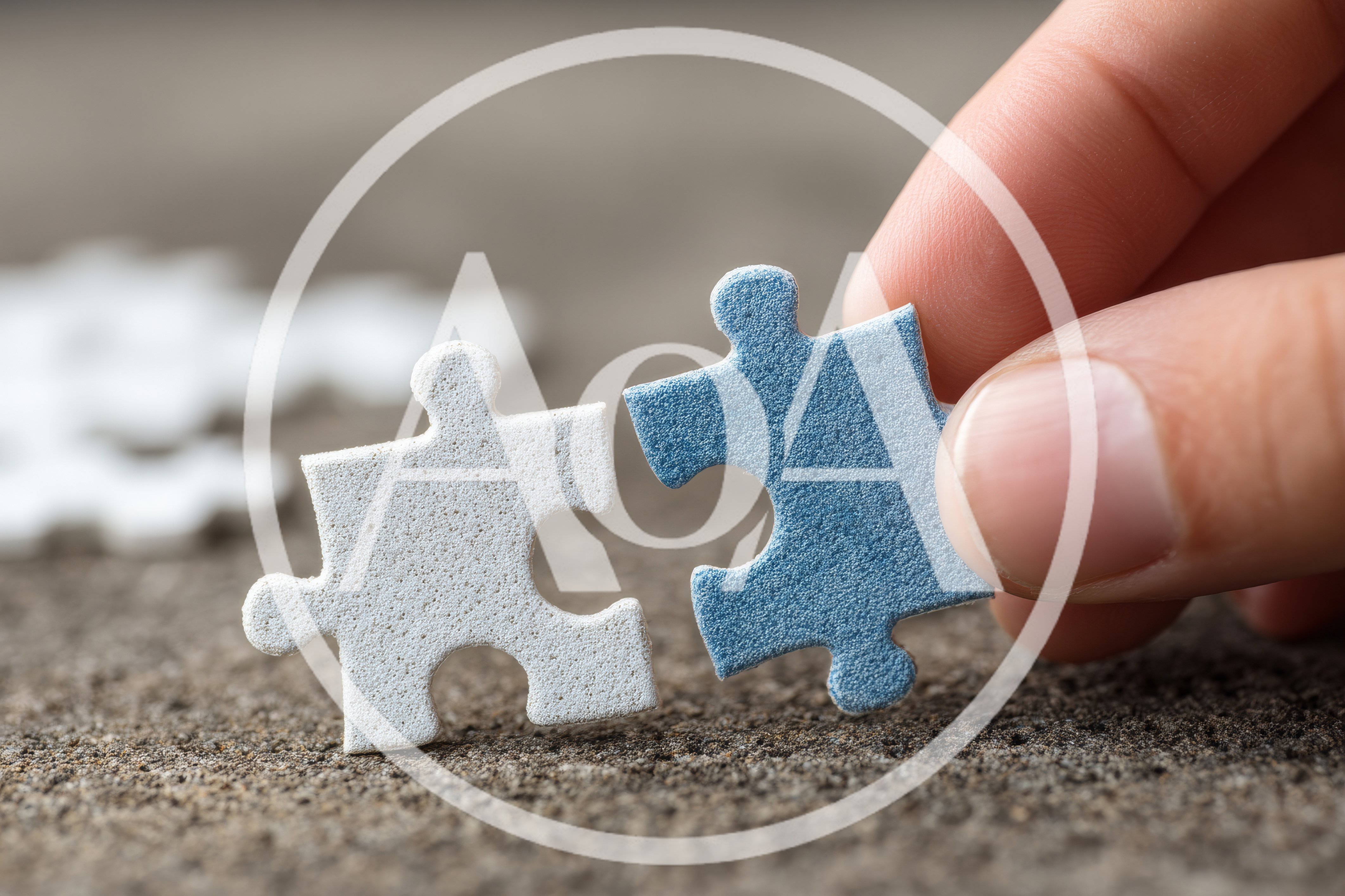 Hand Connecting Two Puzzle Pieces On Concrete Surface