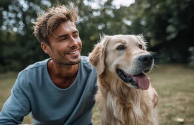 Young Man Bonding With Golden Retriever Outdoors
