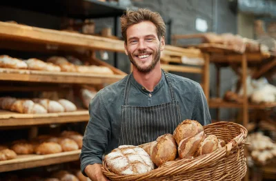 Smiling Baker Holding A Basket Of Fresh Bread