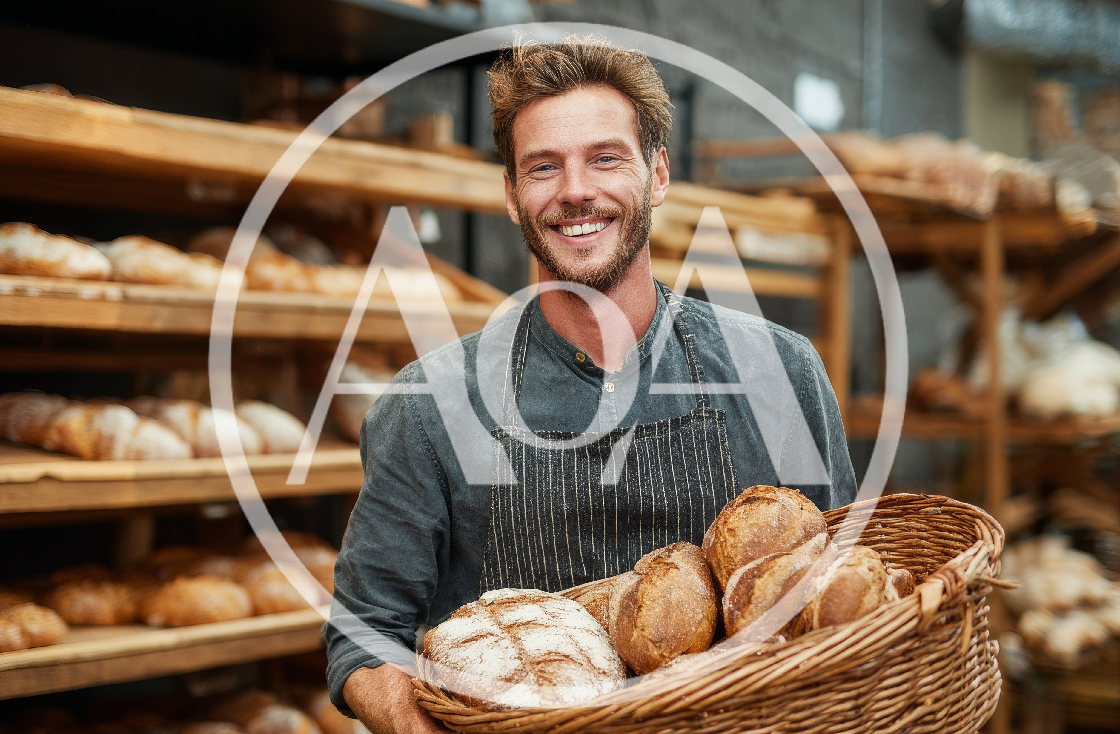 Smiling Baker Holding A Basket Of Fresh Bread