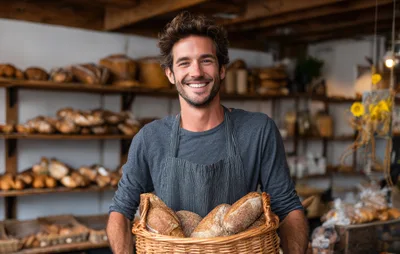 Smiling Baker Holding A Basket Of Fresh Bread