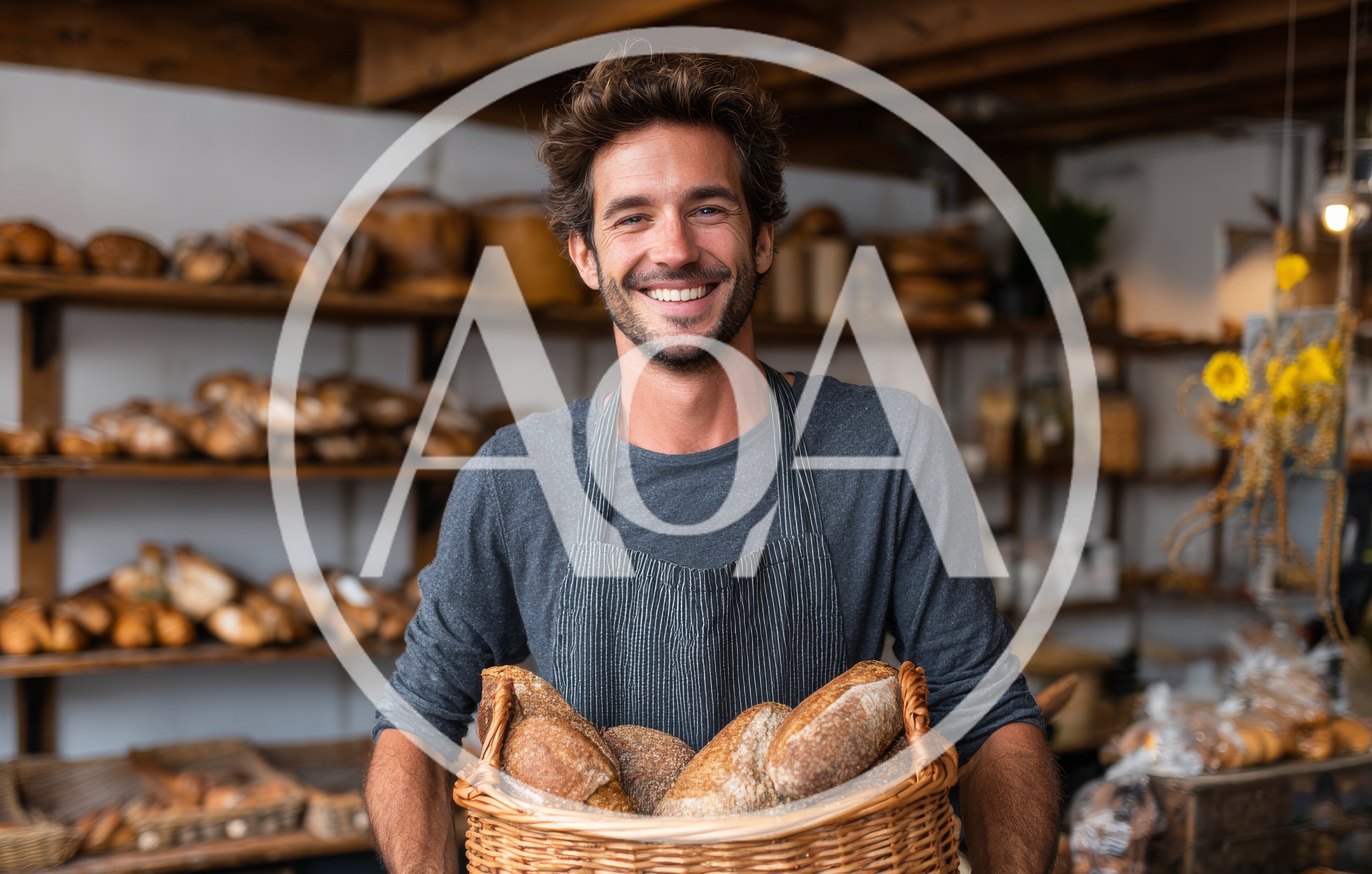 Smiling Baker Holding A Basket Of Fresh Bread