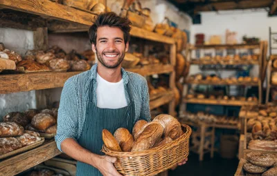 Smiling Baker Holding A Basket Of Fresh Bread