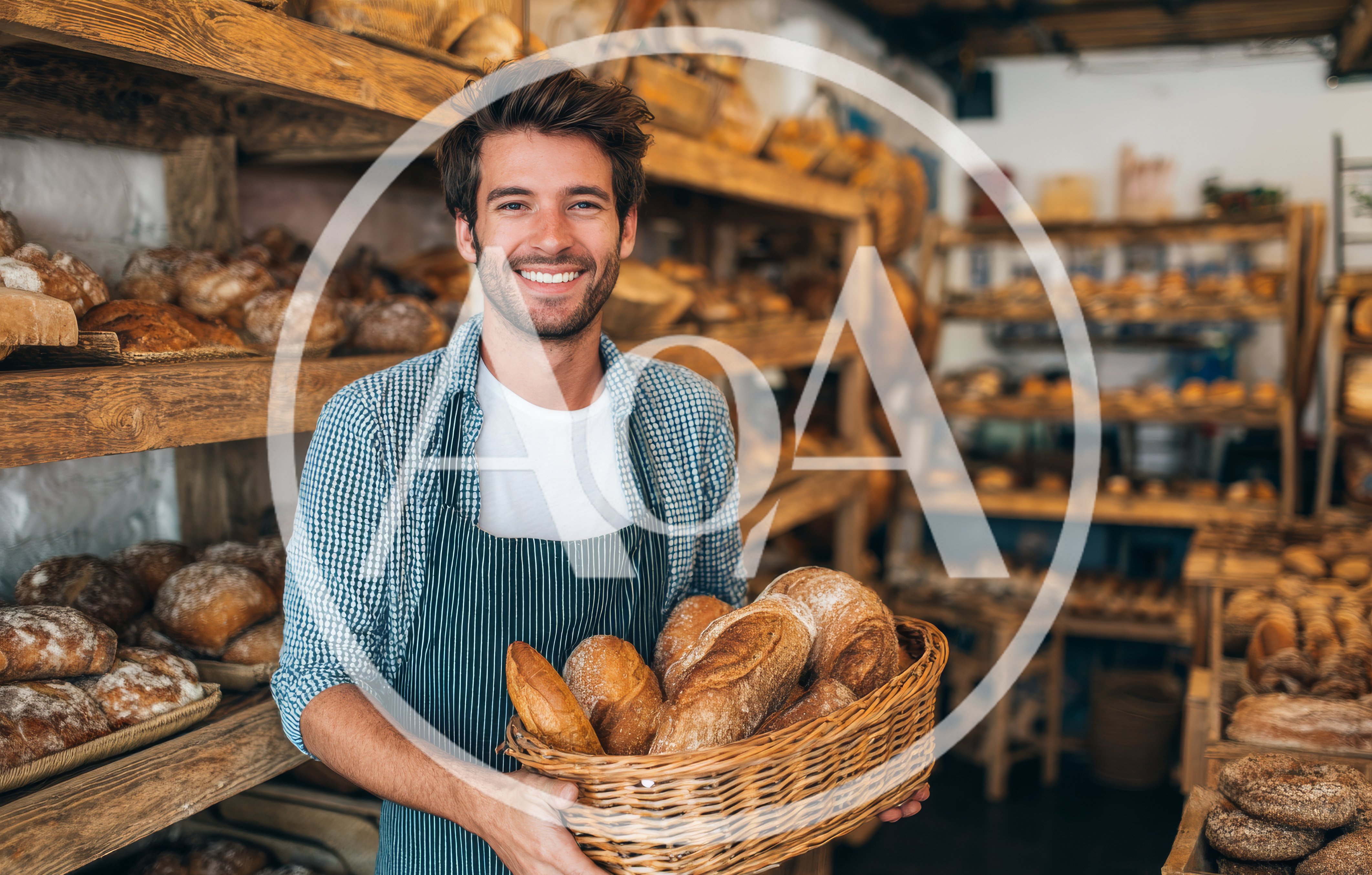 Smiling Baker Holding A Basket Of Fresh Bread