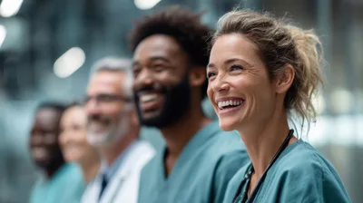 Diverse Medical Professionals Smiling In A Hospital Corridor