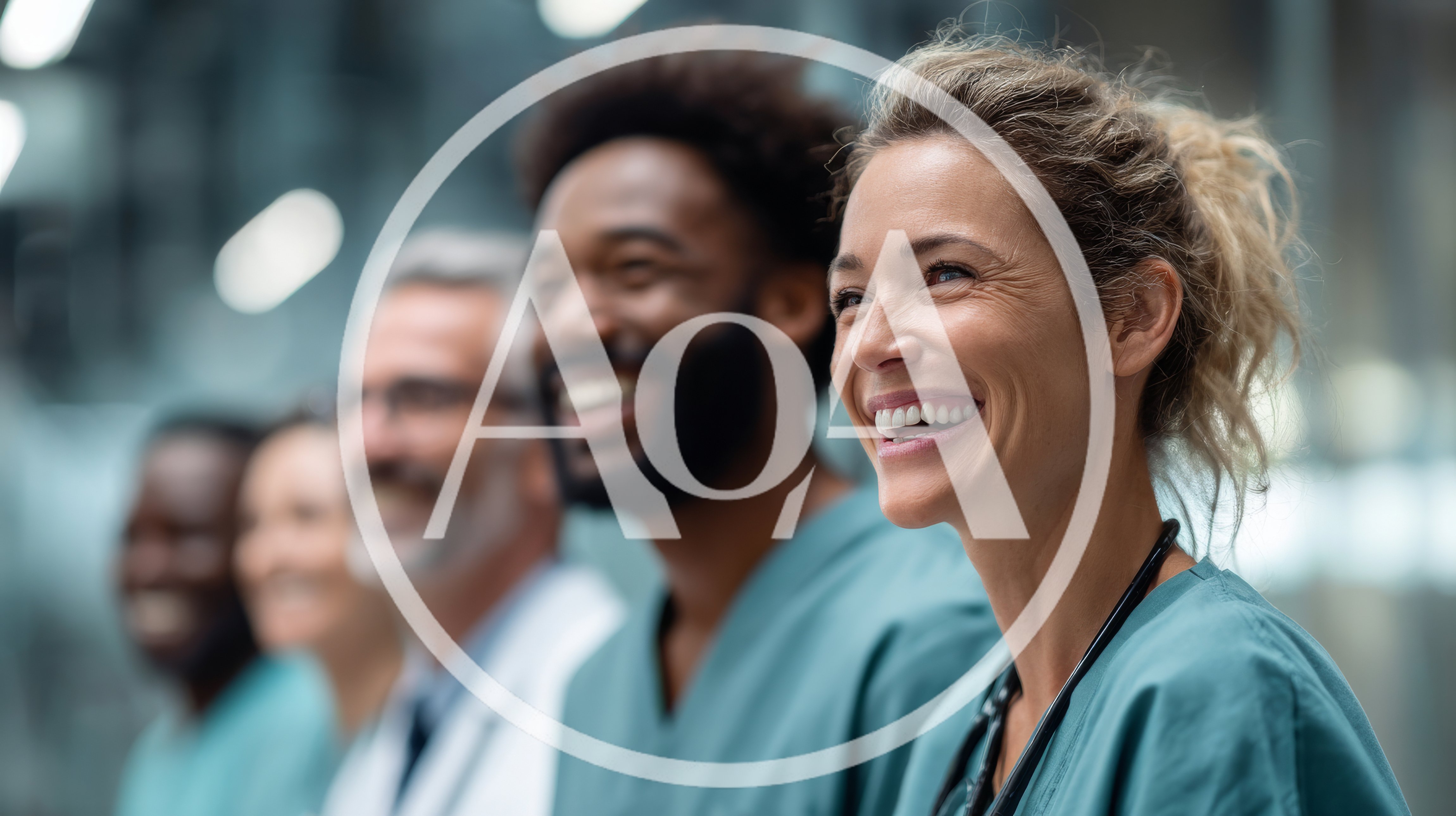 Diverse Medical Professionals Smiling In A Hospital Corridor
