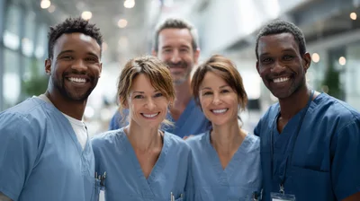 Diverse Medical Professionals Smiling In Hospital Corridor