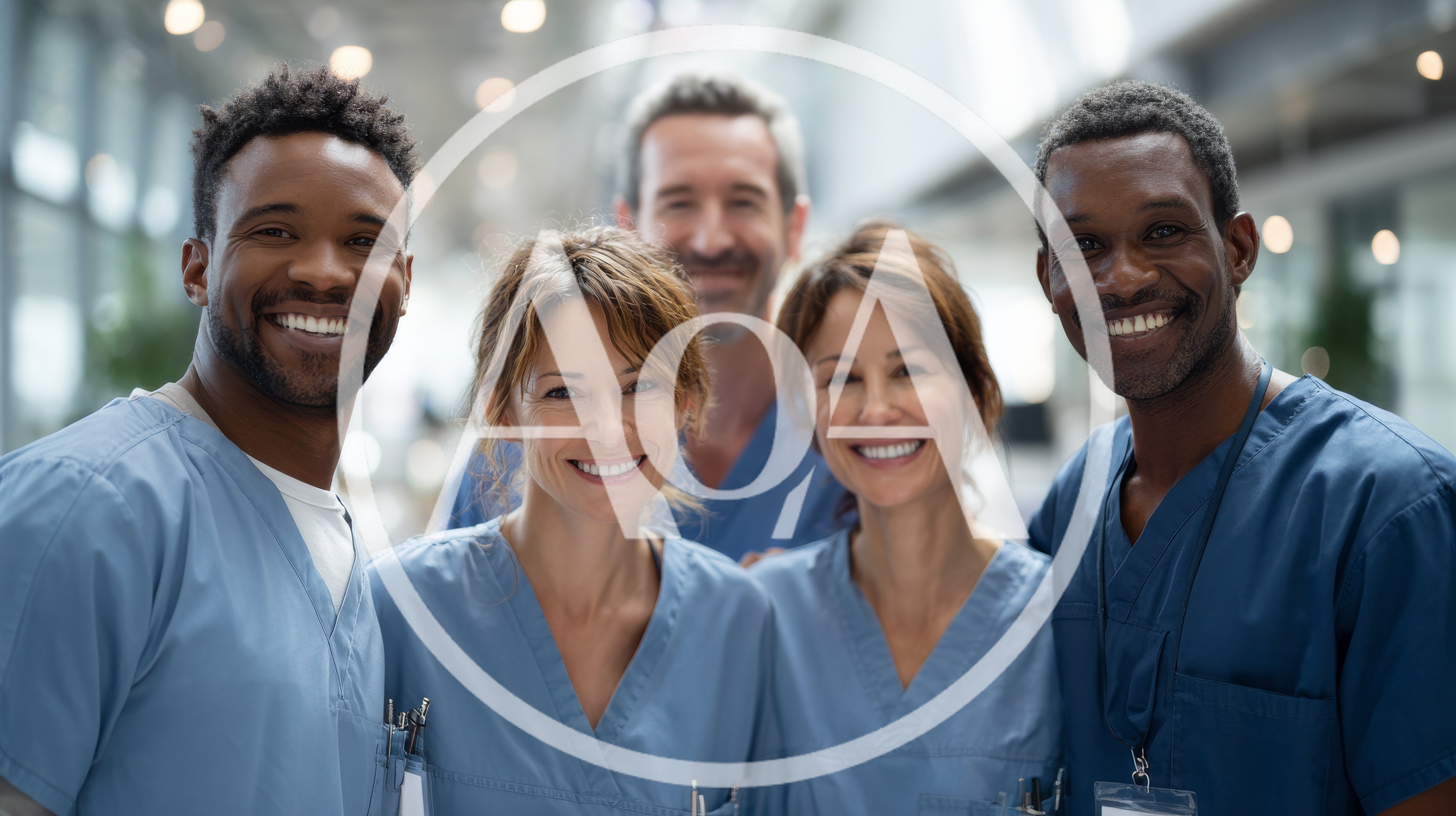 Diverse Medical Professionals Smiling In Hospital Corridor