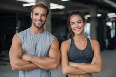 Fit Couple Standing With Arms Crossed In A Gym