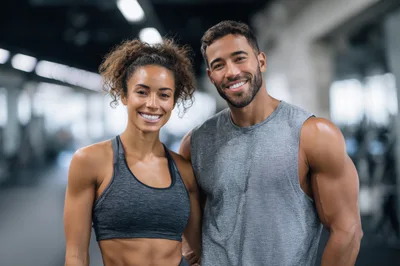 Fit Couple Smiling Together In A Modern Gym