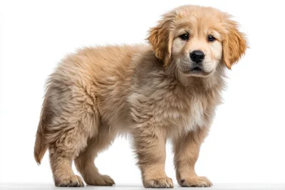 Adorable Golden Retriever Puppy Standing On White Background