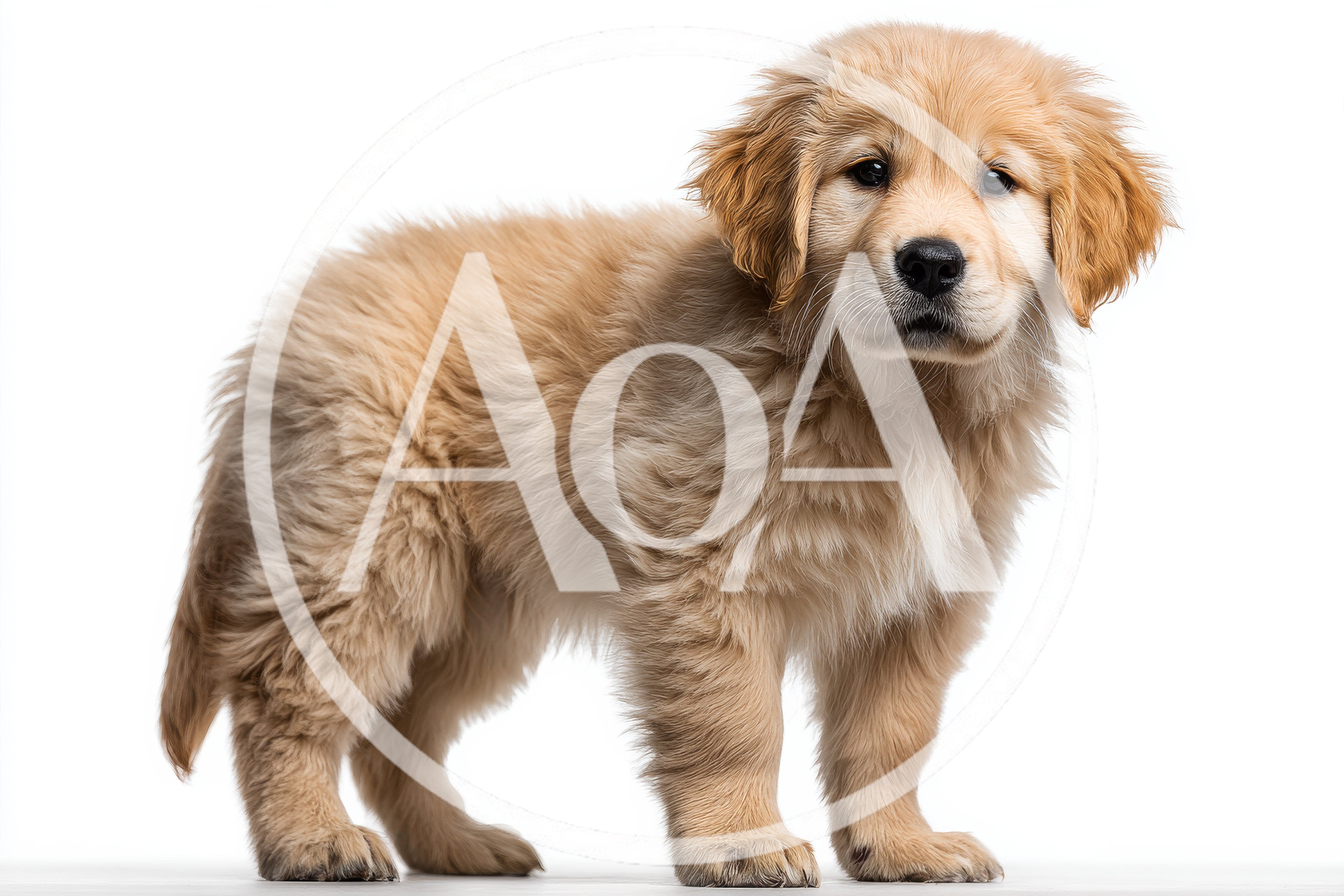 Adorable Golden Retriever Puppy Standing On White Background