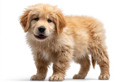 Adorable Golden Retriever Puppy Standing On White Background