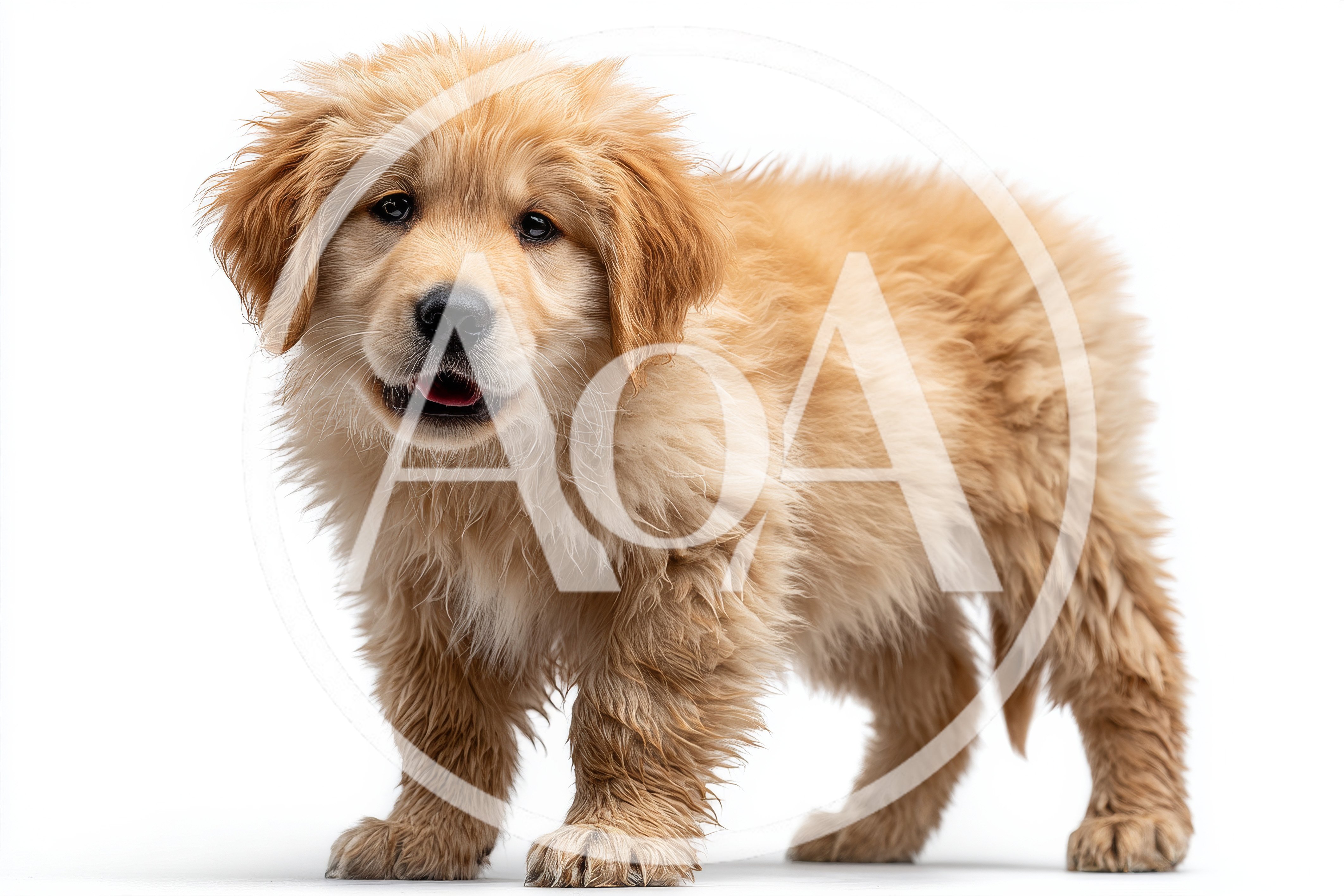 Adorable Golden Retriever Puppy Standing On White Background