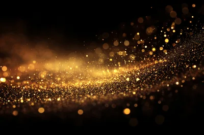 Abstract Golden Glitter Particles Floating On Black Background