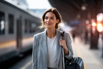 Businesswoman Walking With Luggage At Train Station