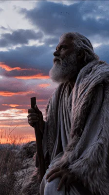 Elderly Man With Staff Gazing At Sunset Sky