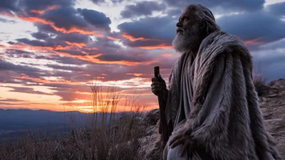 Elderly Prophet Kneeling on Mountain at Sunset