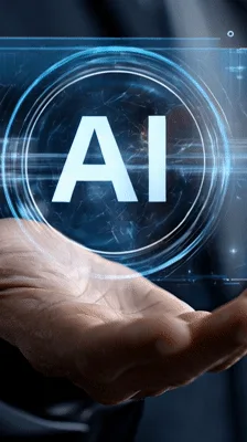 Futuristic AI Hologram Floating Above Human Hand