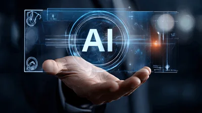 Businessman Holding Holographic AI Interface In Hand