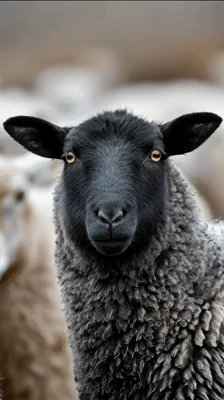 Black Sheep Standing Among White Flock In Field