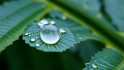 Large Dewdrop Resting on a Serrated Green Leaf