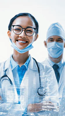 Smiling Female Doctor With Cityscape Double Exposure