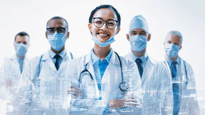 Diverse Medical Professionals Standing Together In Hospital Setting