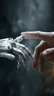 Human Finger Touching Robotic Hand Creating Light Spark